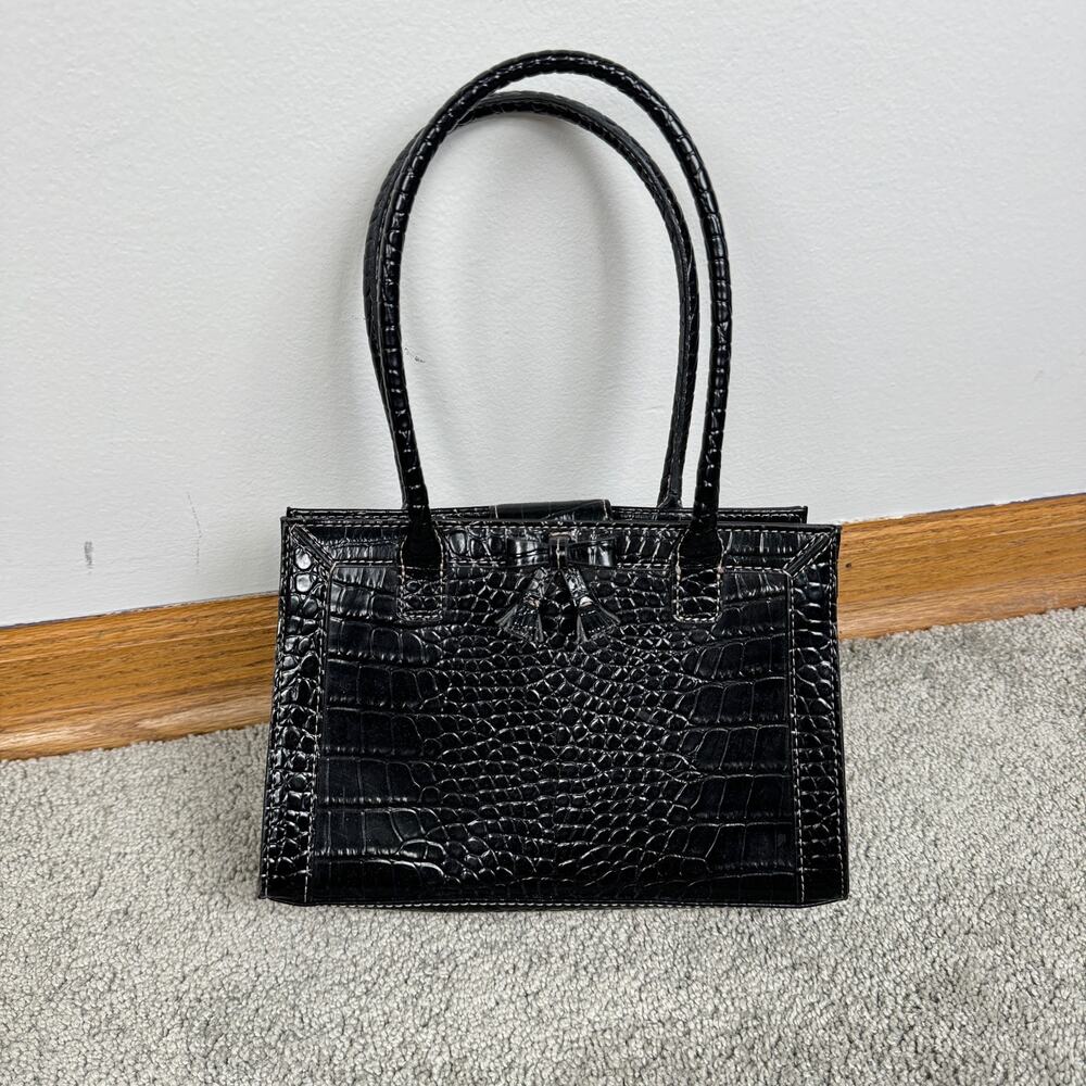 y2k 00s Vintage Liz Claiborne Purse Black Croc Mini Top Handle Bag w/ Bow Tassel - Picture 4 of 12